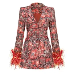 Women's V-neck Floral Cuff Feather Dress And Coat - Colour - View 1