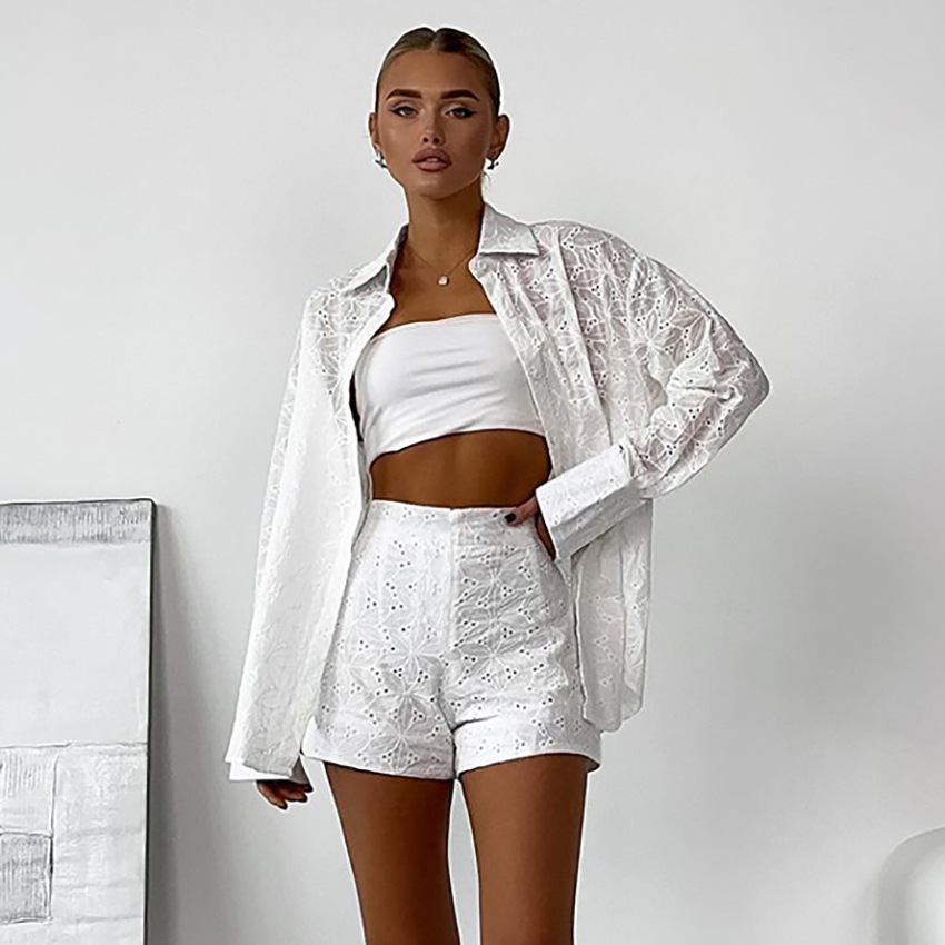 Women's Loose Jacquard Shirt And Shorts Two-piece Set