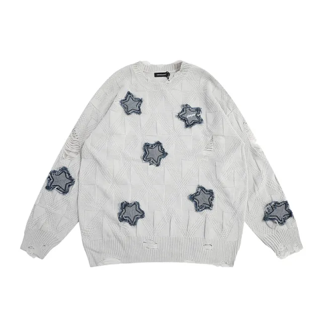Street Ripped XINGX Patch Embroidered Sweater Soft Glutinous Round Neck Loose Sweater Gray - Shop at LoveMi