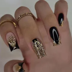 Black Gold Sweet Cool Mid-length Removable Fake Nail Tip - A049 - View 1