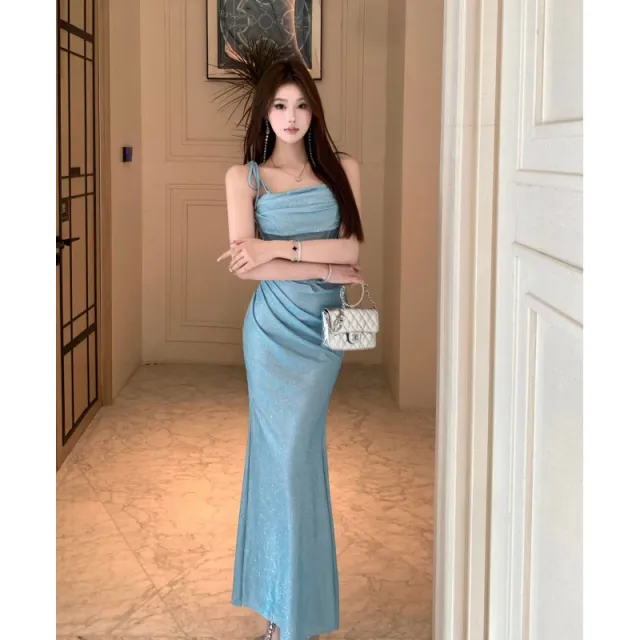 Sling Pleated Slim fit Slim fit Long Sling Fishtail Skirt Sky Blue - Shop at LoveMi