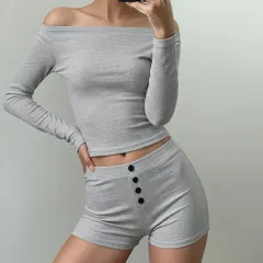 Women's Casual Long-sleeve Top Low-rise Button-front Hip-hugging Hot Pants - Grey - View 1