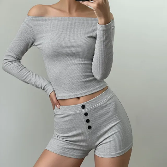 Women's Casual Long sleeve Top Low rise Button front Hip hugging Hot Pants Gray - Shop at LoveMi