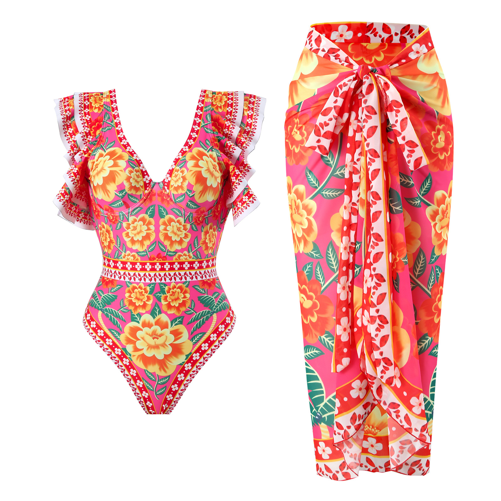 Women's Fashion One piece Swimsuit Printing Suit Y239 Red Wrap Skirt Suit - Shop at LoveMi