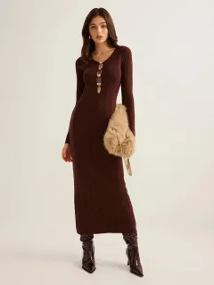 Retro Solid Colour V-neck Slim-fit Long Sleeve Hip Knitwear Dress - Brown - View 1