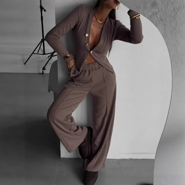 Women's Casual Button Up Top And Pants Set Dark Brown - Shop at LoveMi