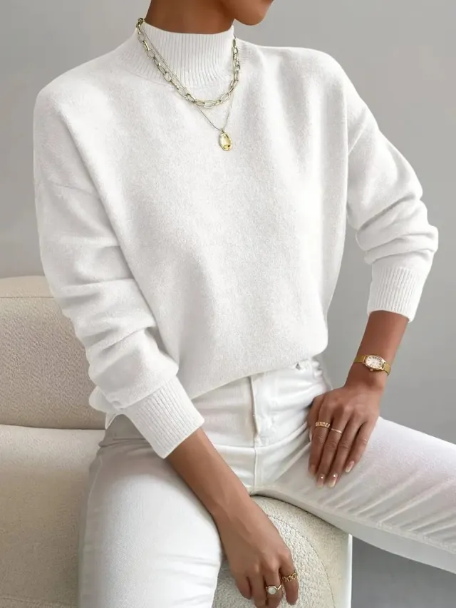Women's Solid Color Casual And Comfortable Elegant Pullover Knitted Sweater White - Shop at LoveMi