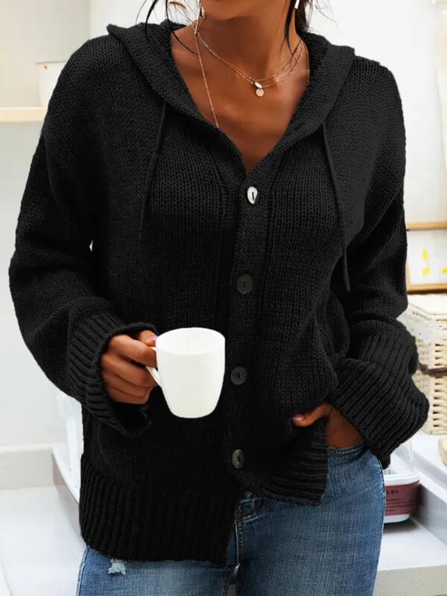 Hooded Knitted Long sleeved Breasted Cardigan Drawstring Sweater Black - Shop at LoveMi