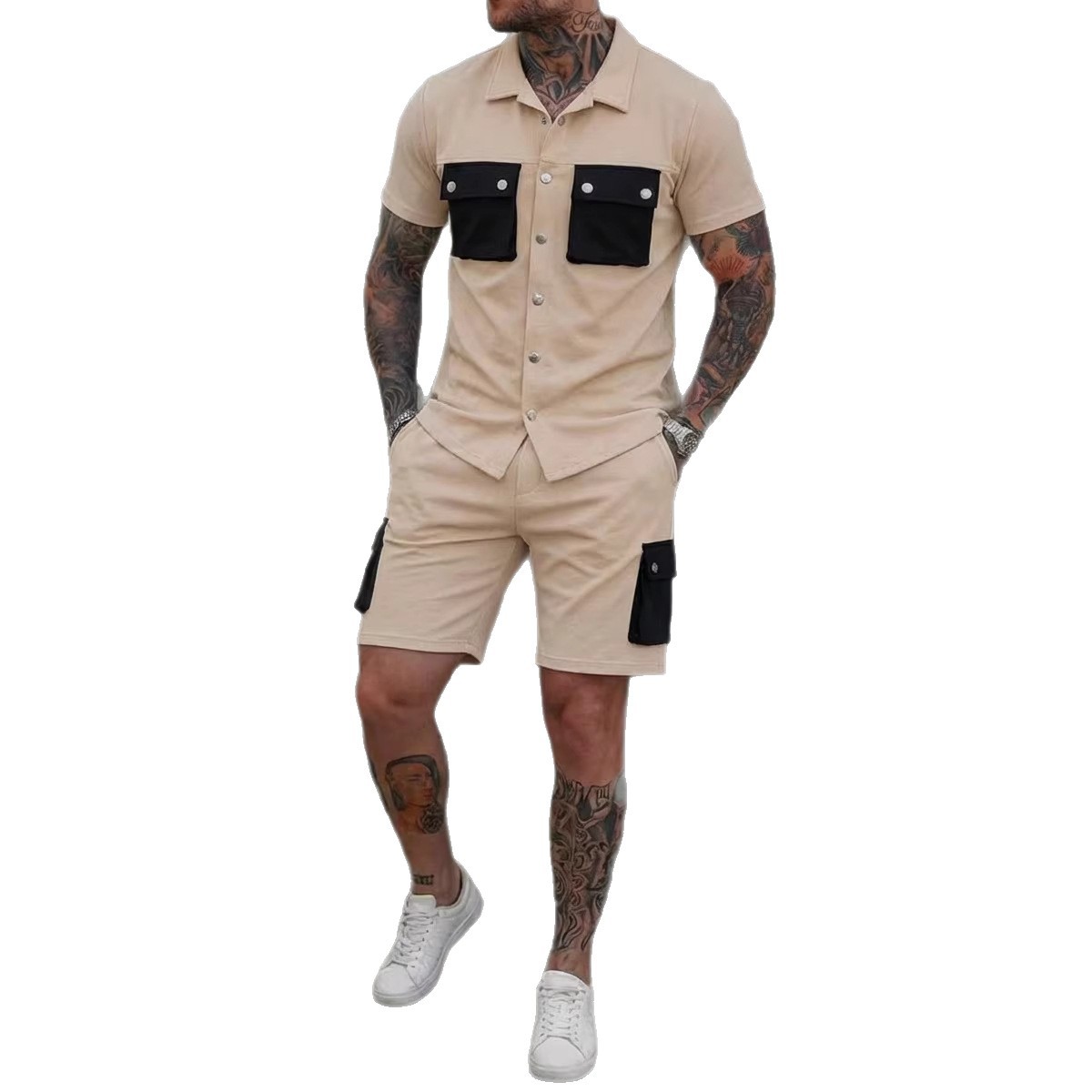 Mens Patchwork Multi-Pocket Sport Suit