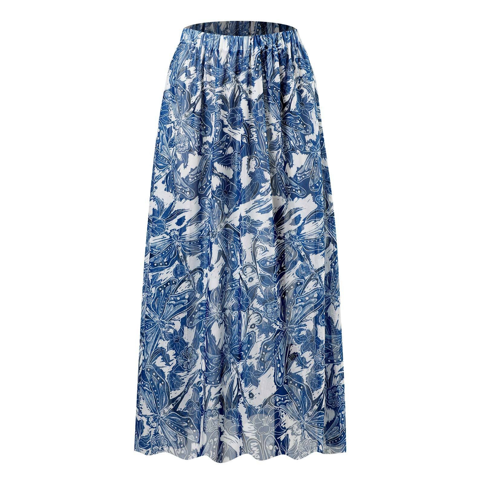 Push Up Three piece High Waist Split Swimsuit Suit Mesh Long Dress Blue Dragonfly Round Skirt - Shop at LoveMi