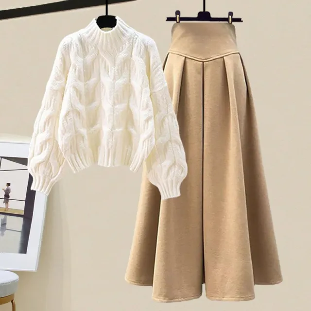 Women's Gentle Oversized Knitted Cardigan Sweater With Skirt White Sweater Khaki Skirt - Shop at LoveMi