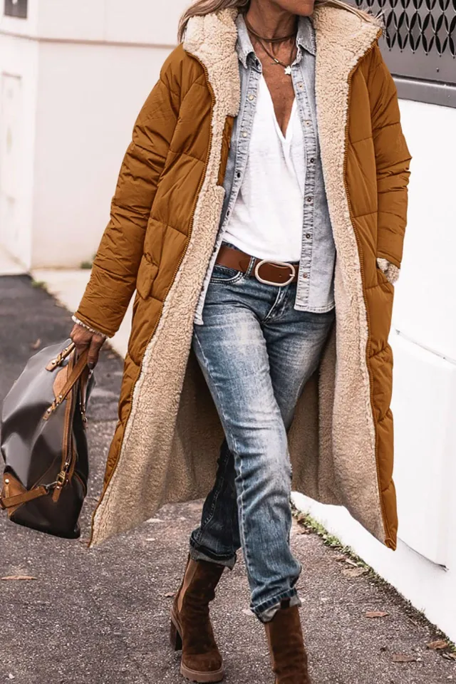 Women's Solid Color Hooded Cotton Jacket Long sleeved Coat Dark Brown - Shop at LoveMi