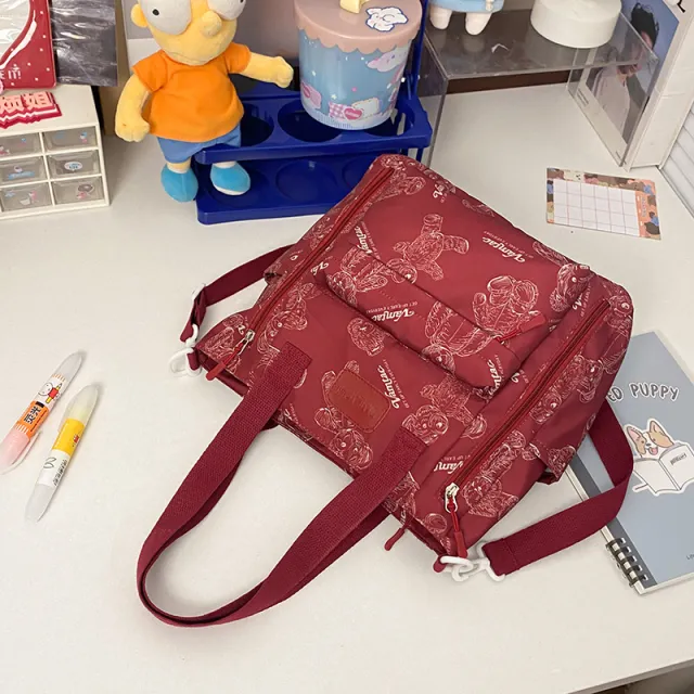 Bear Print Large Capacity Multi Pocket Tote Bag Shoulder Bag Crossbody Lightweight For Going Out Handbag Red - Shop at LoveMi