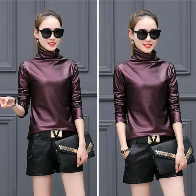 Fleece lined Thick Leather Coat Turtleneck Bottoming Shirt For Women Red - Shop at LoveMi