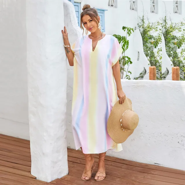 Beach Cover up Rainbow Color Long Slit V neck Rainbow Color - Shop at LoveMi