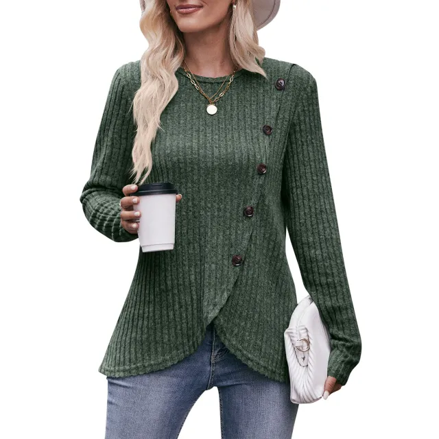 Women's Round neck Sunken Stripe Brushed Tulip Hem Solid Color Button T shirt Army Green - Shop at LoveMi