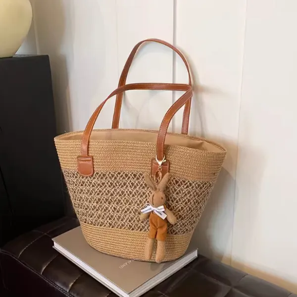 Tote Seaside Large Capacity Woven Shoulder Bag Rattan Woven - Tan