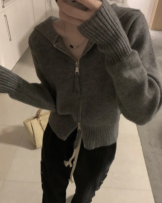 Short Hood Double Zipper Sweater Coat Gray - Shop at LoveMi