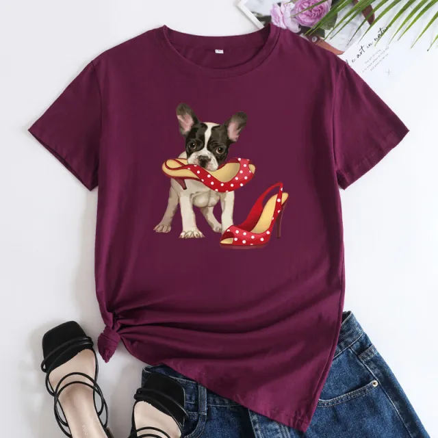 Loose And Cute Dog Print Pure Cotton Round Neck Short Sleeves Wine Red - Shop at LoveMi