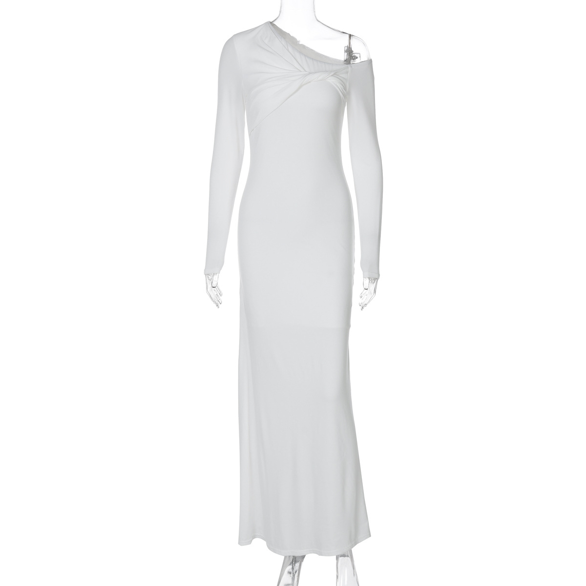 Women's Fashion Slim fit Slant Shoulder Twist Solid Color Dress White - Shop at LoveMi
