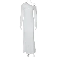 Women's Fashion Slim-fit Slant Shoulder Twist Solid Color Dress - White - View 1