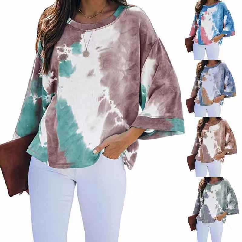 Arrival Long-Sleeve Loose Tie-Dye Gradient-Color Printed T-Shirt