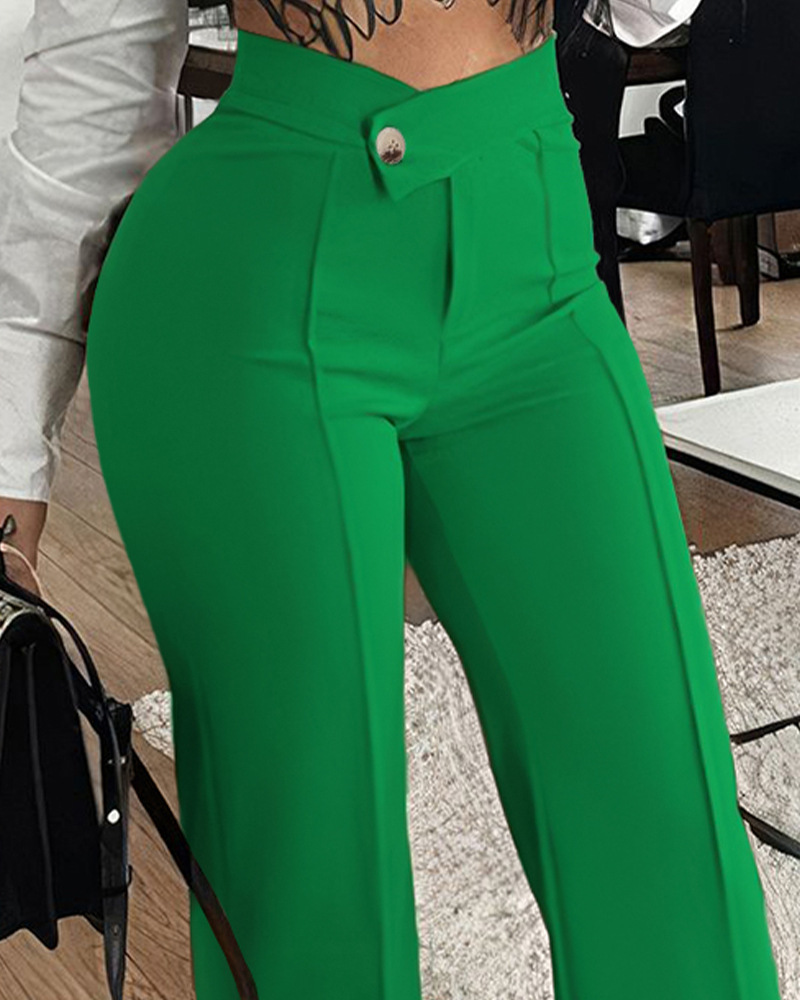 Womens-Cross-border-Slim-fit-Green-Leisure-Commute-Wide-leg-Trousers