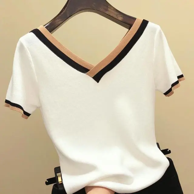 Women's Thin Sweater V neck Ice Silk Top White - Shop at LoveMi
