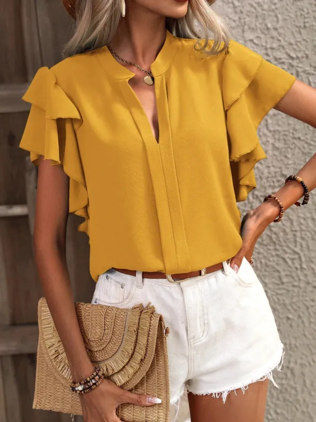 Casual Summer V neck Solid Color Shirt Top Sunflower Color M - Shop at LoveMi