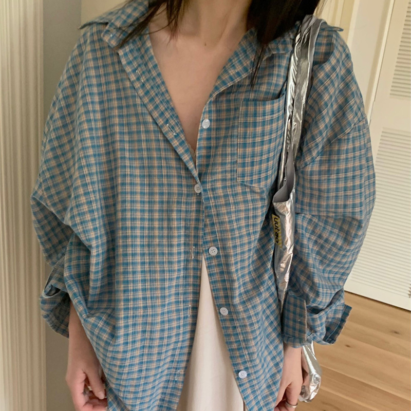 Women's Retro American Style Loose Plaid Shirt