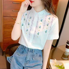 Western Style Cotton Embroidered Short-sleeved Purple Top - Red - View 1