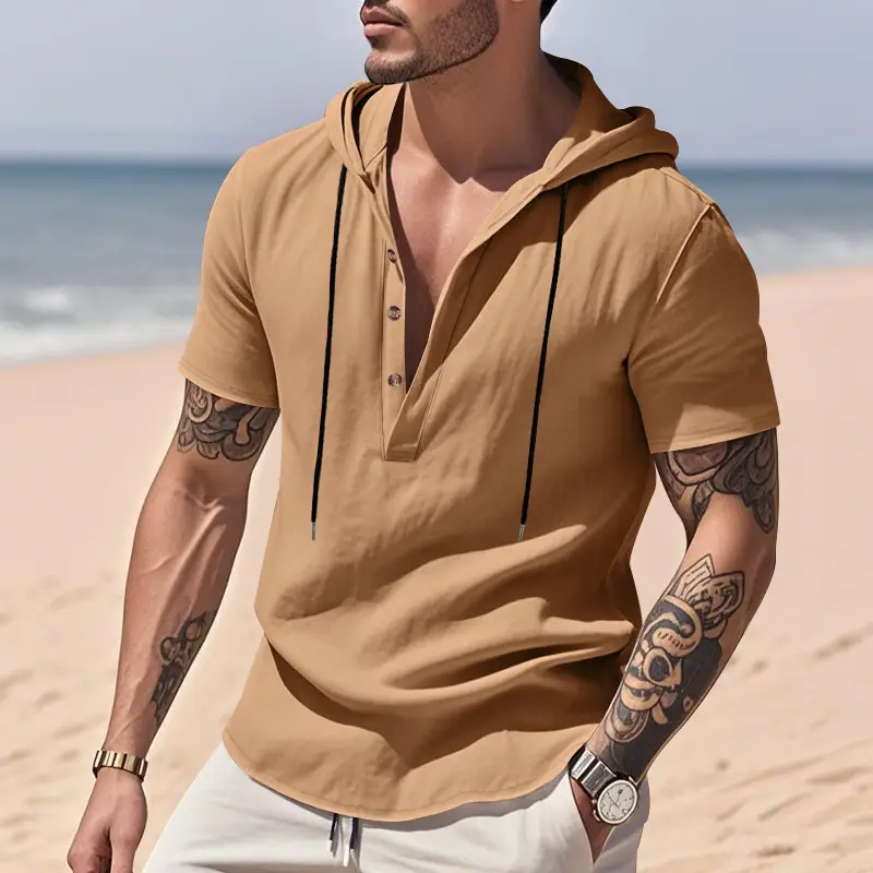 Casual Breathable Linen Hooded Henley Shirt With Short Sleeves  Men's Shirt Breathable Comfortable Spring Summer Fashion Basic Color Streetwear