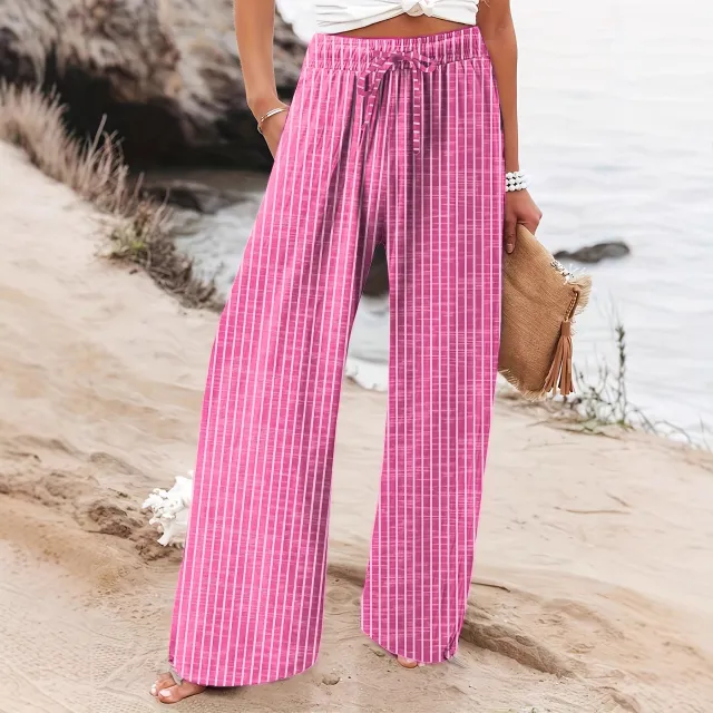 Women's Casual Loose Fit Colorful Striped Pants With Pockets And DrawstringPerfect For Spring Summer And Autumn Beach Vacations Rose Red - Shop at LoveMi
