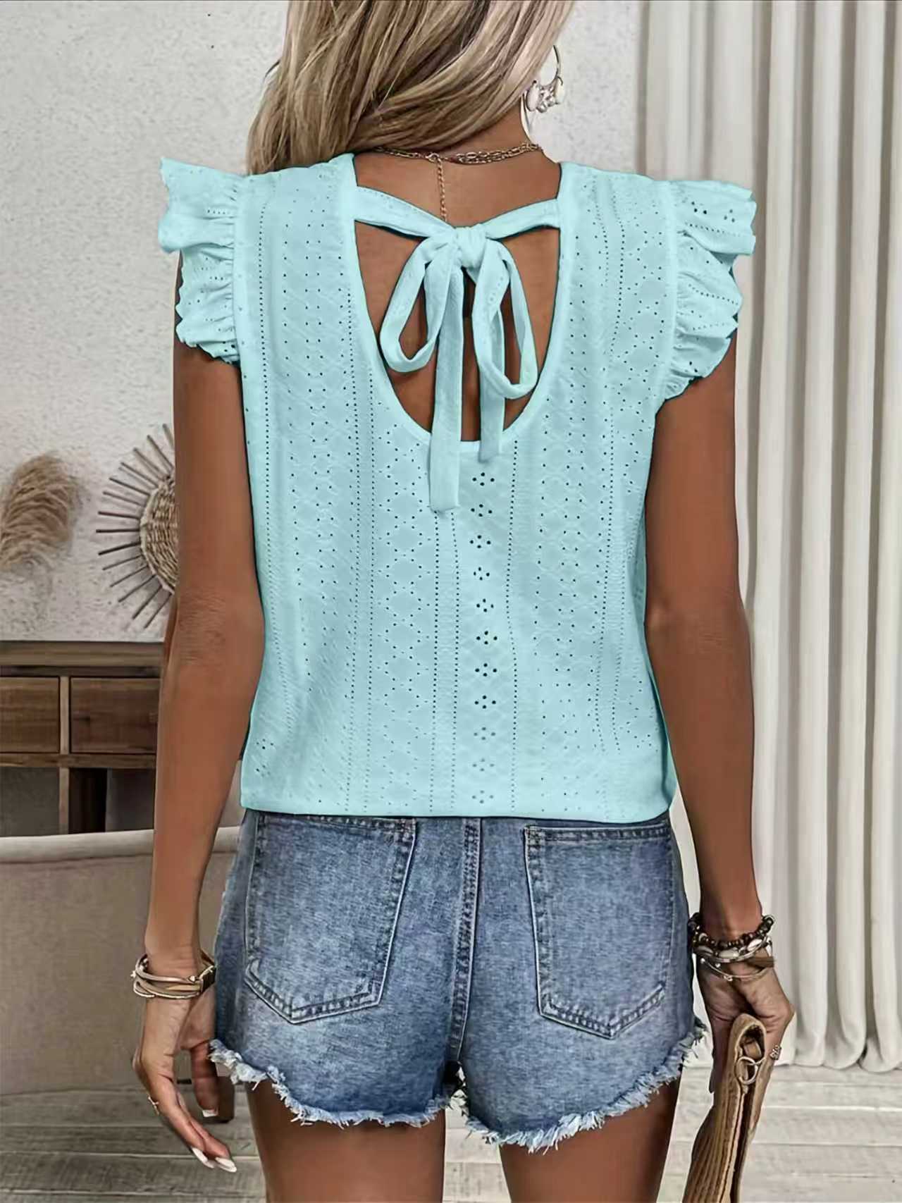 Womens Solid-Color Top With Ruffle Sleeves And Back Tie C5413062 Dfd7 419f 9923 D7cd2d6148e4