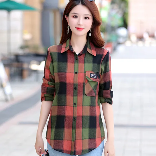 Autumn Plaid Shirt Women's Cotton Long sleeved Brushed Vintage Coat Blk1687 - Shop at LoveMi