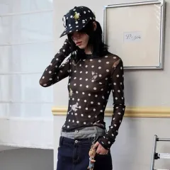 Versatile Animal And PolkaDot Printed Cropped LongSleeve Top With A Defined Waist - Black - View 1