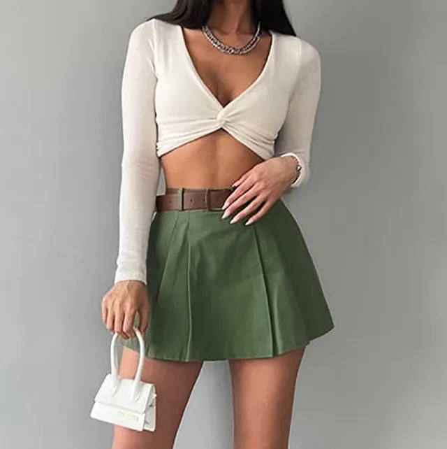 Women's Fashion Solid Color High Waist Skirt Green Pantskirt - Shop at LoveMi