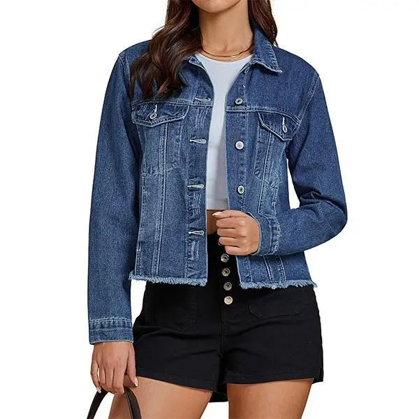Female Solid Color Casual Embossed Denim Jacket Button Top Timesblue - Shop at LoveMi