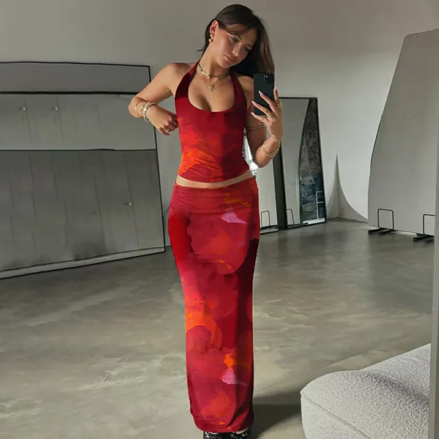 Fashionable Printed Sexy U Neck Tank Top And Slim Fit Skirt Set Red - Shop at LoveMi