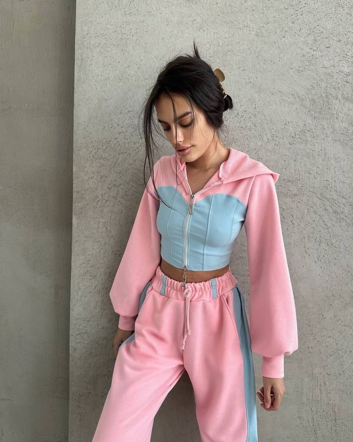 Fashion Casual Sweater Suit Denim Stitching Hooded Top And Trousers Women's Clothing