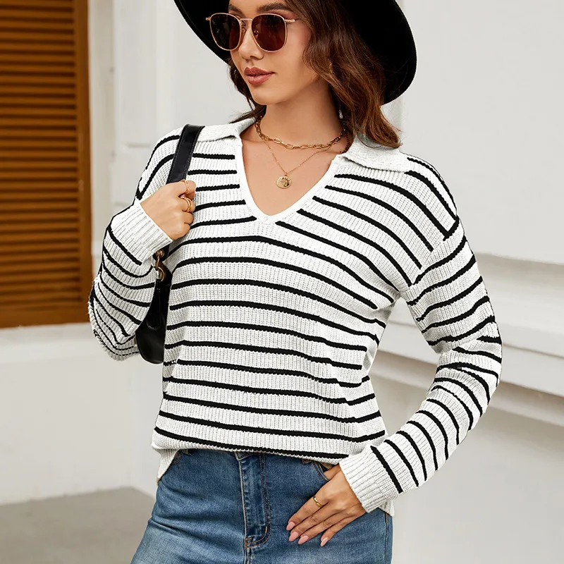 Long Sleeve Simple Style Pullover Knitting Bottoming Shirt - White And Black Stripes