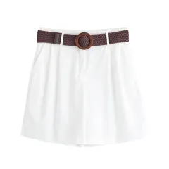 Elegant Lapel Short-sleeved Shirt With Belt Loose Pleated Shorts - White Pants - View 1