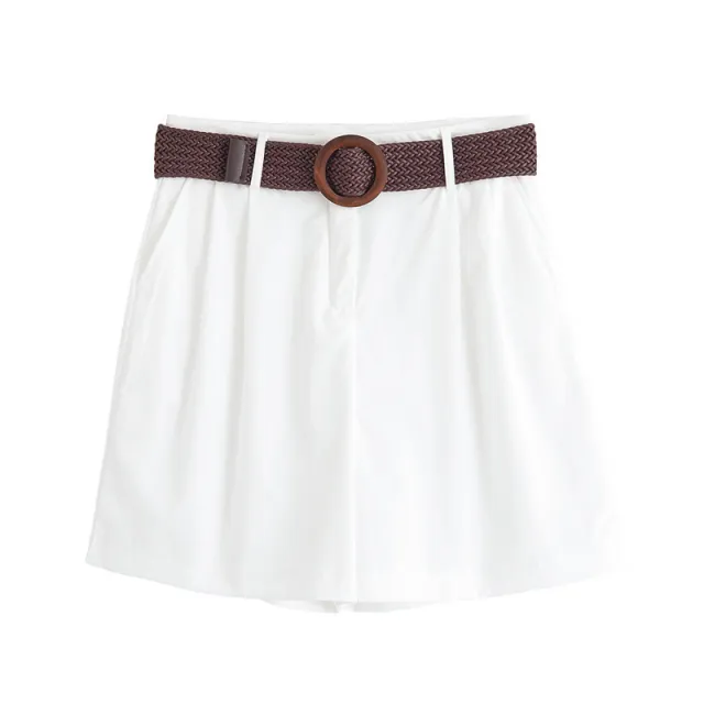 Elegant Lapel Short sleeved Shirt With Belt Loose Pleated Shorts White Pants - Shop at LoveMi