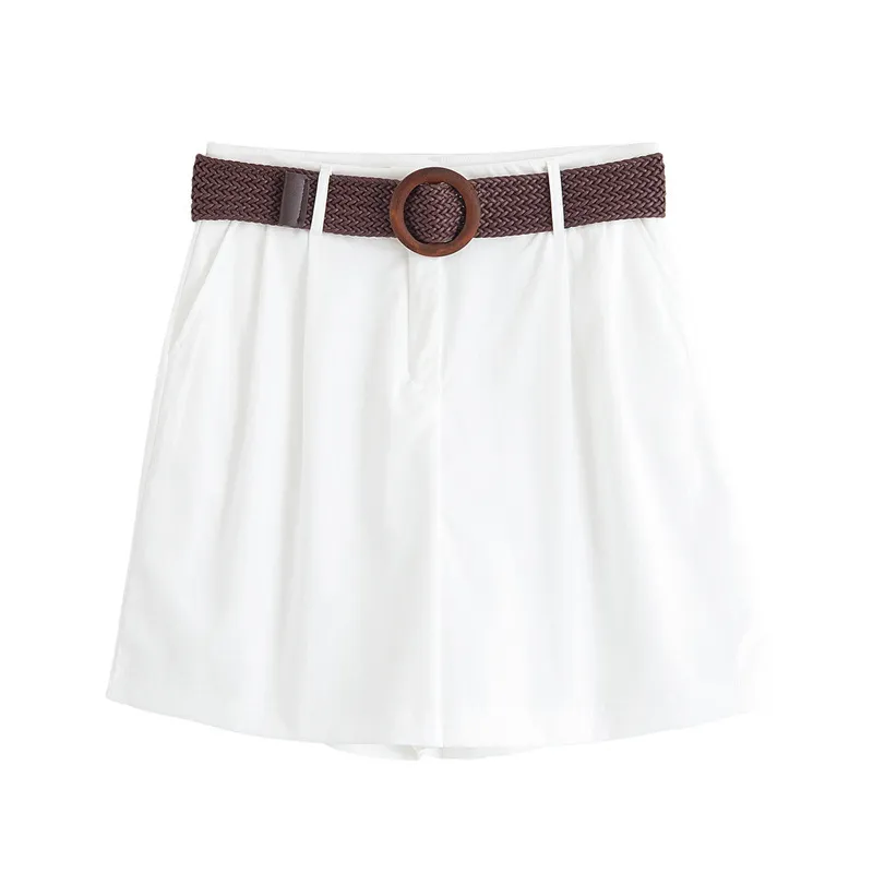 Elegant Lapel Short-sleeved Shirt With Belt Loose Pleated Shorts - White Pants