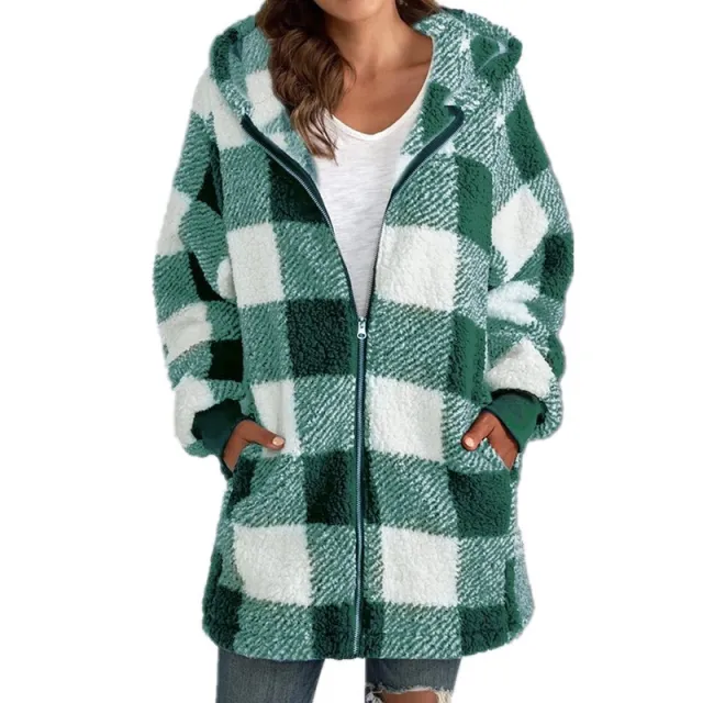 European Velvet Women's Long sleeved Plaid Hooded Zipper With Pockets Baggy Coat Light Green - Shop at LoveMi