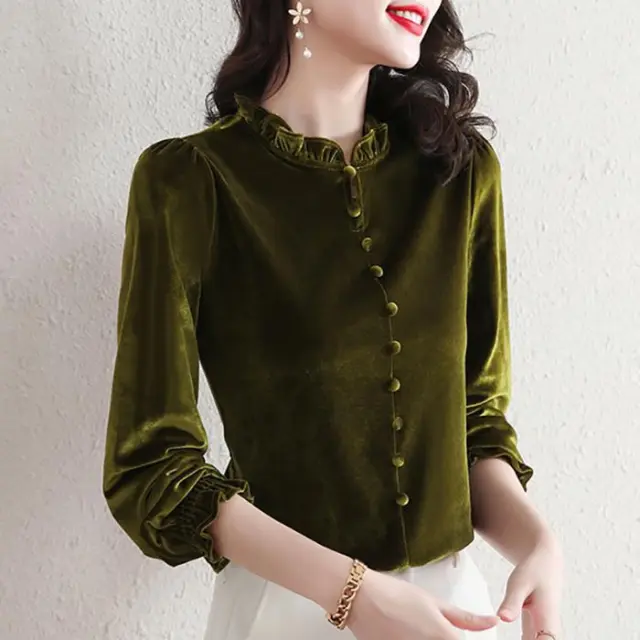 Gold Velvet Middle aged Mom Top Western Style Slimming Women's Base Shirt Green - Shop at LoveMi