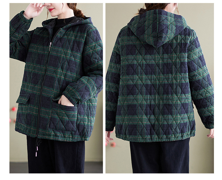 Thickened Plaid Hooded Leisure Warm Zipper Cotton-padded Jacket
