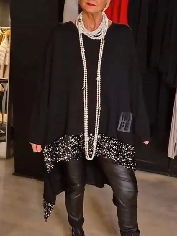 Loose And Irregular Hem Sequin Stitching Round Neck Long Sleeve Top Black - Shop at LoveMi
