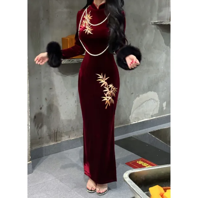 Chinese style High end Elegant Fur sleeved Cheongsam Dress Red - Shop at LoveMi