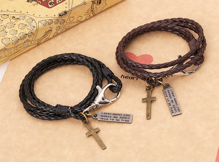 PU Woven Leather Cowhide Bracelet Double Ring Punk Jewelry